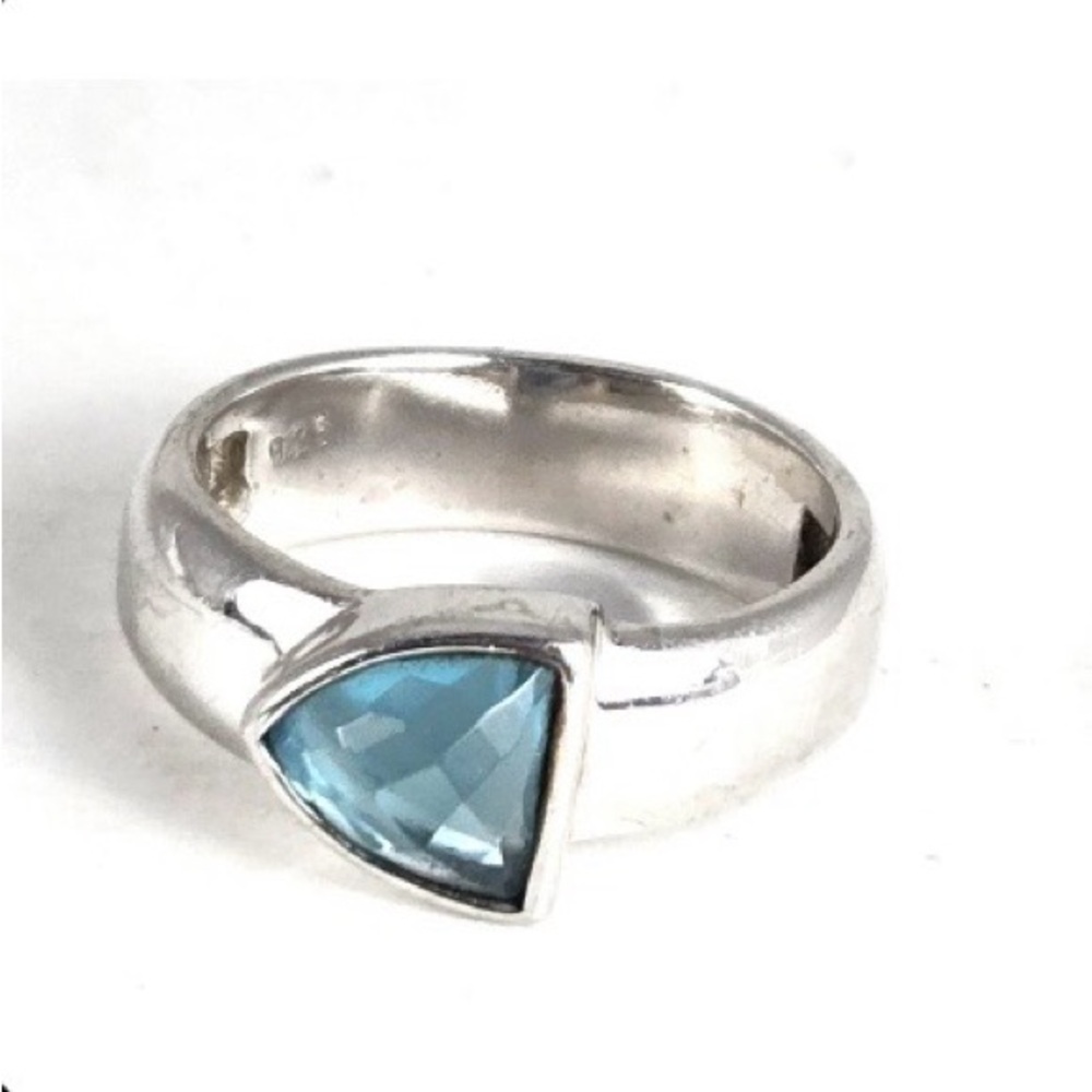Elegant Silver Blue Topaz Bezel Set trillion ring